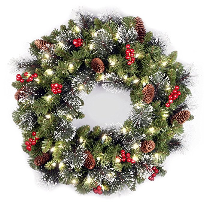 National Tree 24 Inch Crestwood Spruce Wreath with Silver Bristles, Cones, Red Berries and 50 Battery Operated Warm White LED Lights with Timer (CW7-306-24W-B1)