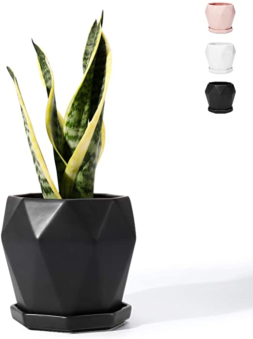 POTEY 050902 Ceramic Plant Pot Black - 4.9 Inch Diamond Geometric Planter for Indoor Plants Flower Succulent with Drainage Hole & Saucer(Plant NOT Included)