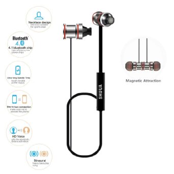 Shuua Bluetooth SoundBuds In-Ear Sport Earbuds, Magnetic Wireless Noise Cancelling Bluetooth Super Bass Earbuds/Headsets/Earphones/Sports with Mic for iPhone 6S and Android Devices(Black)