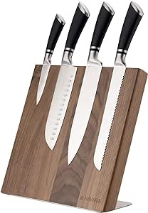 Navaris Wooden Magnetic Knife Holder - Universal Wood Magnetic Block & Organiser for Knives, Scissors, Kitchen Cutlery - Walnut, 27.5 x 7.5cm