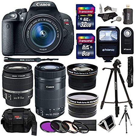 Canon EOS Rebel T5i 18.0 MP CMOS Digital SLR 18-55mm f/3.5-5.6 IS STM Lens Bundle with Canon EF 55-250mm f/4-5.6 Telephoto Lens, Polaroid .43x Wide Angle and Accessories (18 Items)