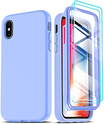 LeYi for iPhone X/iPhone Xs Silicone Case for Women with 2 Pack Tempered Glass Screen Protector, Full Body Cute Slim Girly Protective Phone Case Cover for iPhone 10, Purple Violet