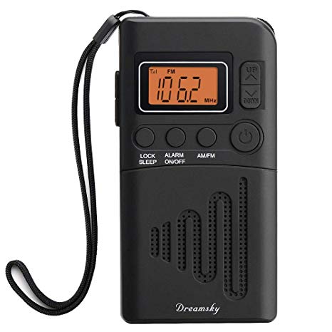 DreamSky Portable Pocket AM FM Radio Alarm Clock, Time Display with Sleep Timer, Clear Speaker, Best Reception Battery Operated Small Radios for Walking, Running, Emergency