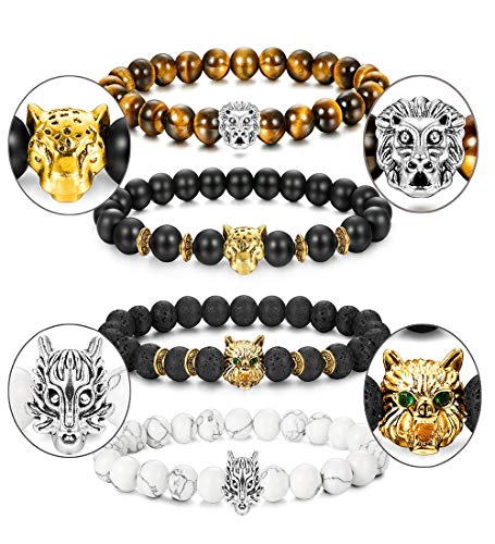 LOLIAS Lion Bead Bracelet Set for Men Lava Rock Obsidian Aromatherapy Bracelet 5 Pcs