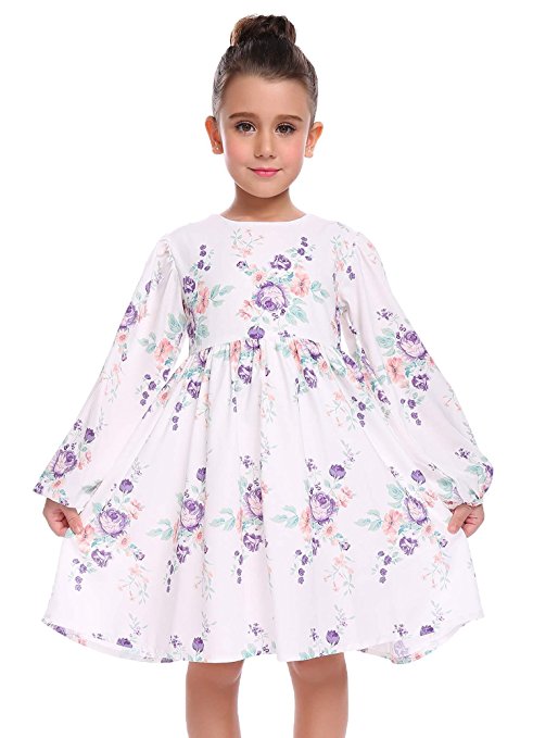 Arshiner Little Girls Long Sleeve Floral Dress Castle Princess Autumn Dress High Waist A-Line Fancy Vintage Design