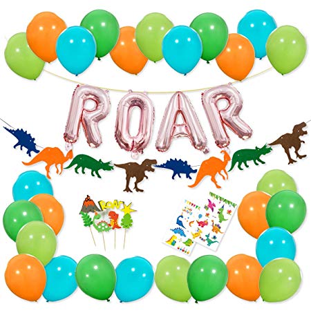 Dinosaur Party Decorations - Rose Gold ROAR Banner Mylar Balloons, Colorful Felt Garland, Dinosaur Cake Topper and Latex Balloons with Tattoo for Dino Jungle Jurassic Dinosaur Birthday Party Supplies