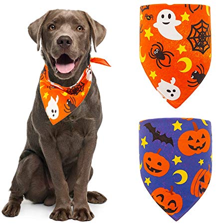 Halloween Dog Bandana Triangle Bibs with Pumpkin Bat Spider Ghost Pattern Washable Scarf Accessories Purple and Orange