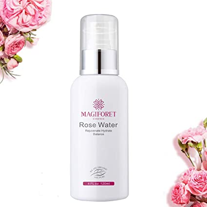 Rose Water Spray 4 oz, MagiForet Rose Water Toner Spray, 100% Organic Distilled Rose Hydrosol Therapeutic Grade Rose Water for Face Hair Acne Rosewater Facial Spray Alcohol Free with Face Mask