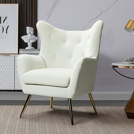 Velvet Accent Chair, Modern Wingback Arm Chair with Metal Gold Legs, Velvet Tufted Upholstered Single Sofa chair for Living Room Bedroom, Dining Room Accent Arm Chairs Club Guest Chair (IVORY)