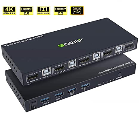 KVM Switch HDMI 4 Port Box, AIMOS HDMI 2.0 KVM Switcher Support Wireless Keyboard and Mouse Connections and with USB Hub Port, UHD 4K@60Hz & 3D & 1080P Supported