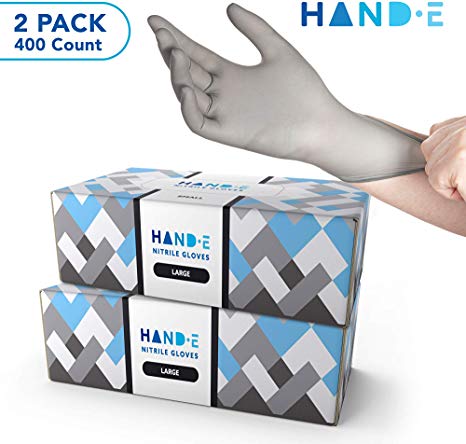 Hand-E Disposable Grey Nitrile Gloves Large - 400 Count - Kitchen Gloves - Powder Free, Latex Free Medical Exam Gloves with Textured Grip Fingertips - Cleaning, Salon, Painting