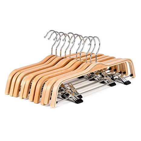 10-Pack Light Wooden Hangers, Royalhanger Pants and Clothes Wood Hanger with Clips,Natural Finish