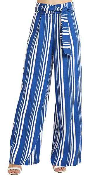 SONJA BETRO Women's Stripe Woven Sash Detail Elastic Waist Palazzoo Pants