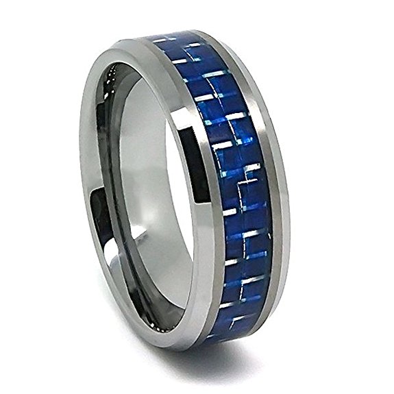 8mm Tungsten Carbide Blue Carbon Fiber Wedding Ring Sizes Available 4-17