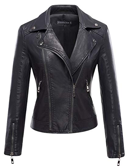 Tanming Women's Faux Leather Moto Biker Short Coat Jacket