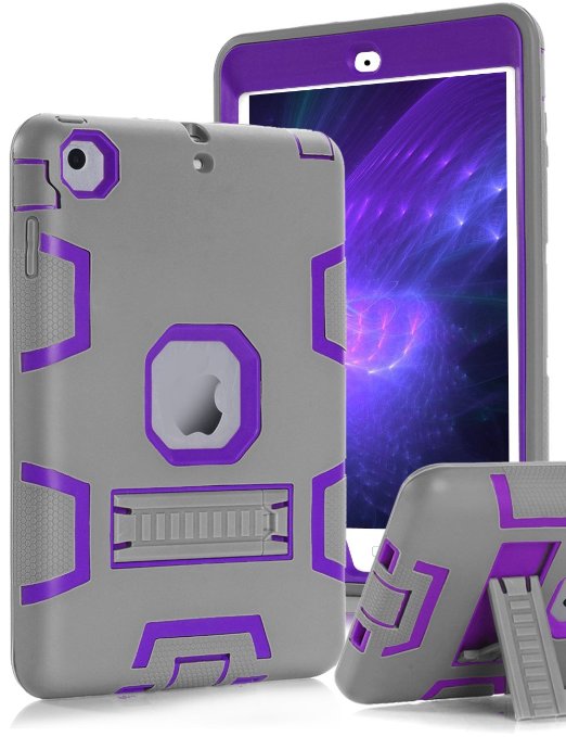 Topsky Built-in Kick Stand 3 Layers Armor Case for iPad Mini,Mini 2 and Mini 3 Bundle with Stylus Pen, Screen Protector and Microfiber Cleaning Cloth - Grey / Purple