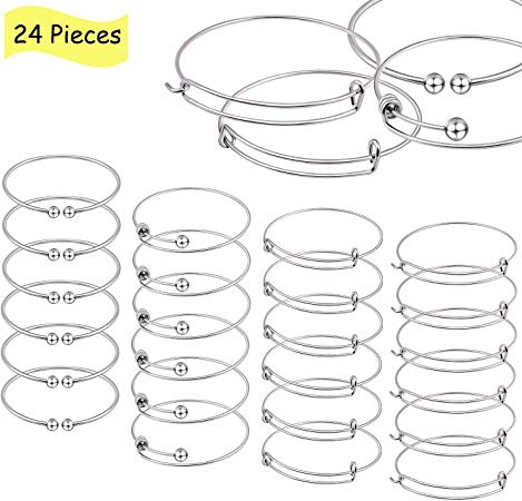 24 PCS Expandable Bangle Bracelet,Kissbuty Adjustable Wire Blank Bracelet Jewelry Findings for Women, DIY Jewelry Making Charms Bracelets (Assorted Styles Silver, White K)