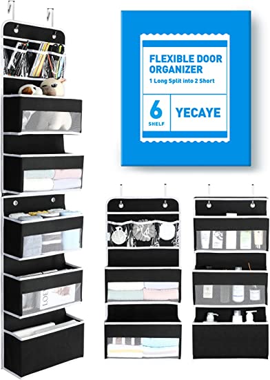 6-Shelf Over the Door Organizer, Flexible 1 Split into 2 Hanging Storage Door Organizer, Swing-proof Behind Door Organizers and Storage for Baby Nursery Bathroom Dorm Closet Pantry Camper RV, Black