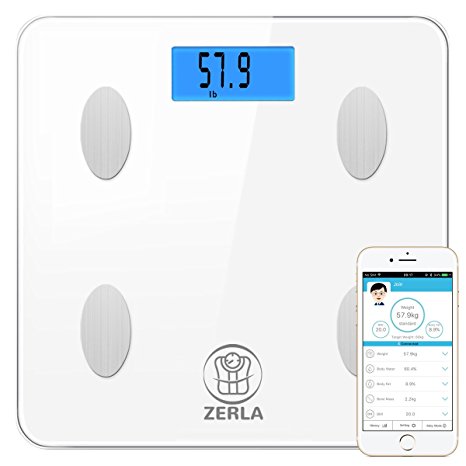 ZERLA Bluetooth Body Fat Scale - High Precision Scale Reads Muscle Mass, BMI and Body Weight Measurements - Features an Easy-to-Read Backlit LCD Screen and Step-On Technology - Sleek, Stylish Design