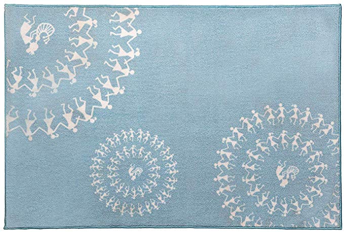 Pink Guppy 5 x 3 Feet Antislip, Washable, 1/4th inch Pile Area Rug/Mat for Bedroom/Play Room/Kitchen/Living Room Decor. Pale Blue with White Tribal Men Design.
