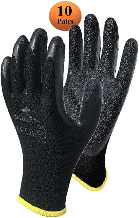 Work Gloves for Men and Women, Coated Safety Gloves for Work, 10-Pair Pack, Water-Based Latex Rubber Firm Grip Coating (Size Large Fits Most, Black)