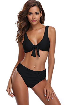 SHEKINI Womenss Tie Knot Front High Waist Thong Bandage Bikini Beachwear Suit