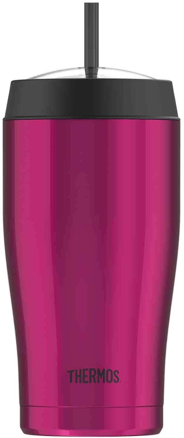 Thermos 22 Ounce Vacuum Insulated Cold Cup with Straw, Stainless Steel Pink