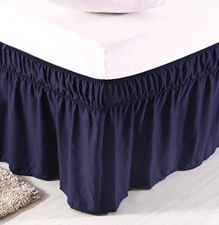 MEILA Three Fabric Sides Wrap Around Elastic Solid Bed Skirt, Easy On/Easy Off Dust Ruffled Bed Skirts 16 Inch Tailored Drop (Navy Blue Twin/Full)