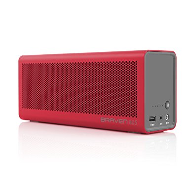 BRAVEN 805 Portable Wireless Bluetooth Speaker [18 Hour Playtime] Built-In 4400 mAh Power Bank Charger - Red / Gray