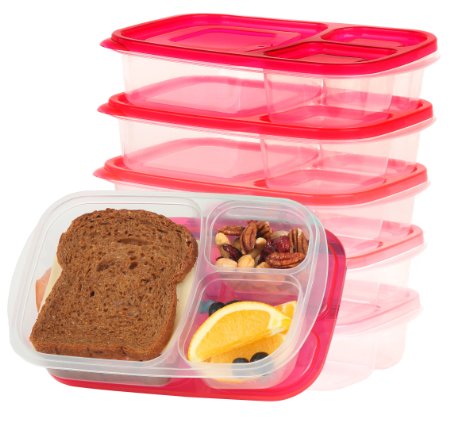 Ruby Red Bento Lunch Box Food Storage Containers for Kids and Adults, 5 Containers, 3-Compartments, Very Safe, High Quality, Long Lasting Microwave & Dishwasher Safe Plastic ● Fits Most Lunch Coolers