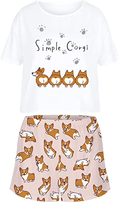 NANJUN Pajamas for Women Cute Cartoon Print PJs Short Sleeve Tops with Shorts 2 Piece Sleepwear Set