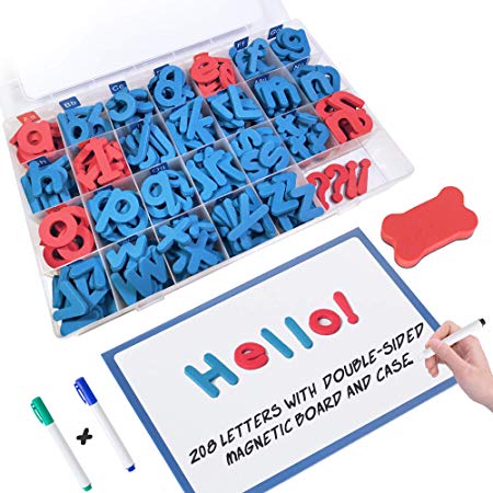 Magnetic Letters with Double Sided Dry Erase Magnetic Board - Alphabet Magnets Uppercase Lowercase Punctuation and Storage Box - Classroom & Home Education Learning for Vocabulary Sentence Building