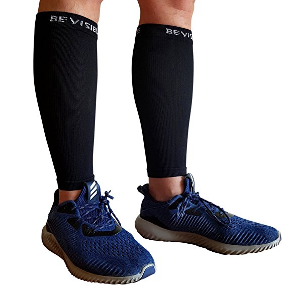 BeVisible Sports CALF COMPRESSION SLEEVE - Shin Splint Leg Compression Socks for Men & Women - Great For Running, Cycling, Air Travel, Support, Circulation & Recovery - 1 Pair