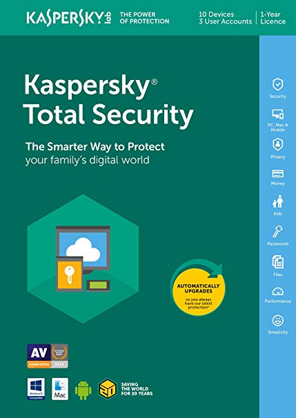 Kaspersky Total Security 2019 | 10 Devices | 1 Year | PC/Mac/Android | Online Code