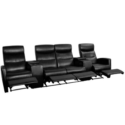 Flash Furniture 4-Seat Black Leather Home Theater Recliner with Storage Consoles