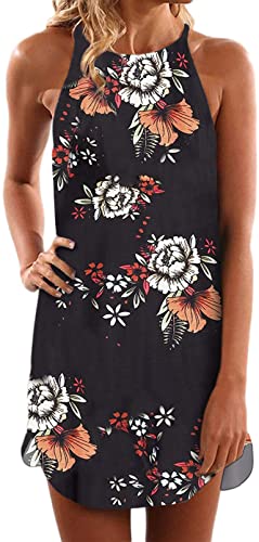 Asvivid Womens Halter Floral Printed Sleeveless Beach Mini Casual Dress Summer Short Sundresses