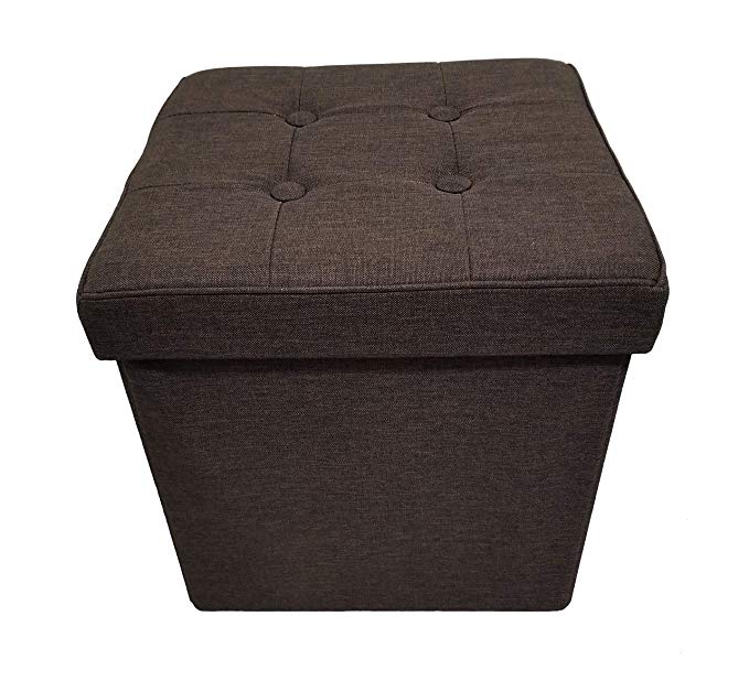 Mk Home Folding Chocolate/Dark Brown Faux Linen Ottoman Pouffe, Foot Rest, Coffee Table, Cube Bench with Padded Seat and Storage Compartment New