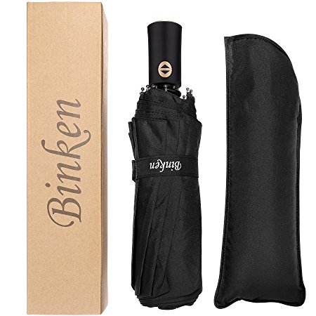 Binken Compact Windproof Travel Umbrella - Sun and Rain Umbrella - Ergonomic Handle, Auto Open & Close Black