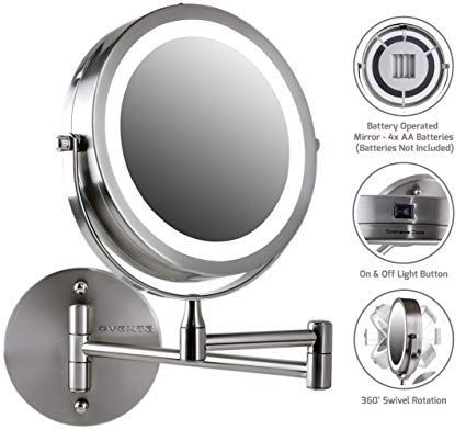 Ovente Wall Mount LED Lighted Makeup Mirror, Battery Operated, 1x/7x Magnification, 7 Inch, Nickel Brushed (MFW70BR1X7X)