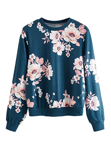 Romwe Women's Casual Floral Print Long Sleeve Pullover Tops Lightweight Sweatshirt