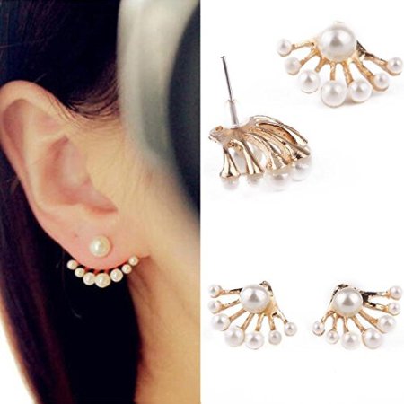 TR.OD 1Pair Women Lovely Crystal Earrings Pearl Ear Stud Front and Back Earbob