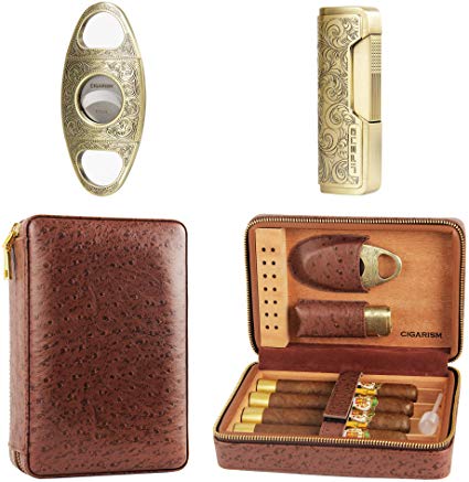 CIGARISM Genuine Leather Spanish Cedar Lined Cigar Travel Case Humidor W/Cutter Lighter Set 4 Count (Ostrich)