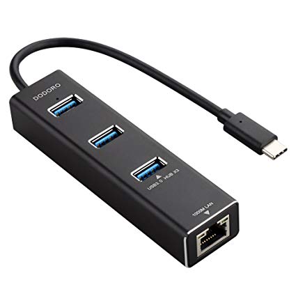DODORO 3-Port USB 3.0 Portable USB-C Hub with RJ45 Gigabit Ethernet Converter LAN Wired Network Adapter Aluminum Alloy Case for MacBook, Mac Pro/Mini, iMac, XPS, Surface Pro, Notebooks, Desktop PCs