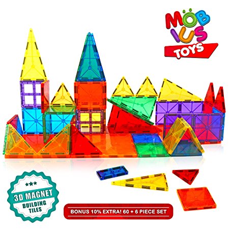 Magnetic Building Blocks. 60 6 Extra Pieces Set of 3D Magnet Building Tiles. Educational Construction Magnetic Toy for Kids. Strong Metallic Rivets. Varied Shapes in Translucent Rainbow Colours