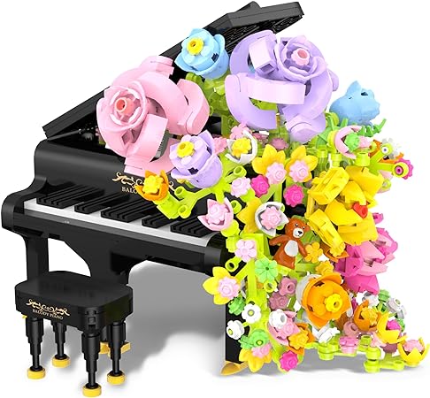 Piano Flower Bouquet Building Decoration Set - Artificial Flowers with Roses and Campanula, Decorative Home Accessories, Valentines Day Gifts for Her / Him, Xmax Gifts Table Art for Adults (860pcs)