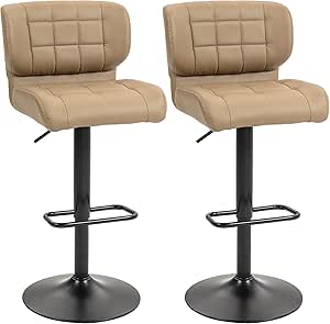 HOMCOM Adjustable Bar Stools Set of 2, Swivel Tufted PU Leather Barstools with Footrest and Back, Bar Chairs for Kitchen Counter and Dining Room, Khaki