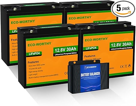 ECO-WORTHY 4 PACK 12V 30AH Golf Cart Battery with 48V Battery Balancer, 3000  Deep Cycles, Perfect Replacement of 35AH SLA/Gel/Lead Acid AGM Battery, RV, Marine, Solar Off-Grid System, Household