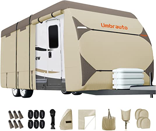 Umbrauto Travel Trailer RV Cover 2022 Upgraded 7 Layers Top 3 Layers Side Waterproof Camper Cover for 30' to 33' RV with 4 Trailer Tire Covers,Tongue Jack Cover,Gutter Cover and Extra Windproof Ropes