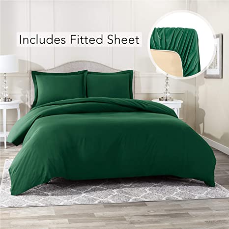 Nestl Bedding Duvet Cover with Fitted Sheet 4 Piece Set - Soft Double Brushed Microfiber Hotel Collection - Comforter Cover with Button Closure, Fitted Sheet, 2 Pillow Shams, Full - Hunter Green