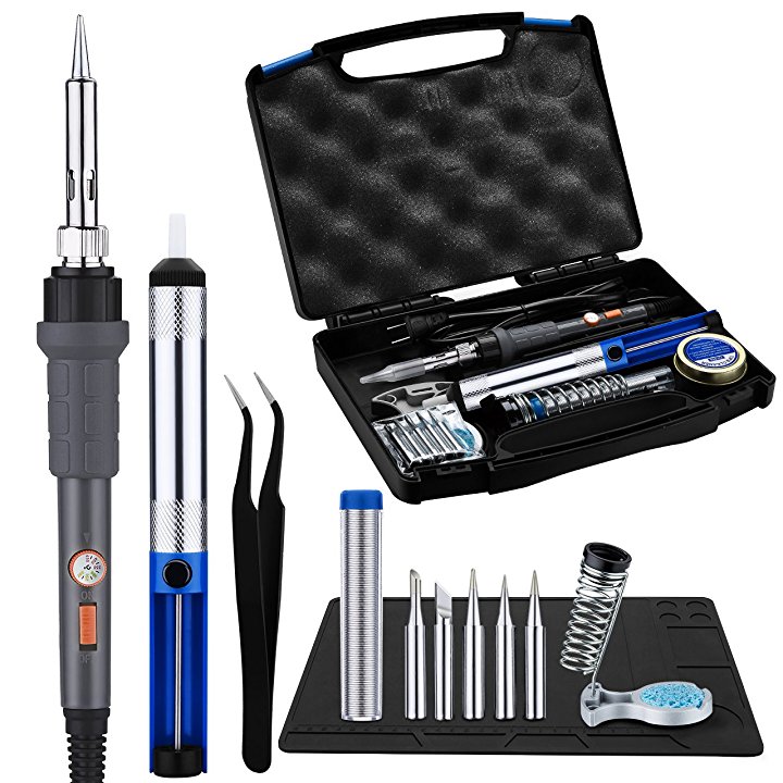OMorc Soldering Iron Kit, Welding Soldering Iron 60W-110V Swith ON/OFF Switch and Adjustable Temperature, Tool Carrying Case, Silicone Soldering Mat, 5pcs Different Tips, Solder Sucker, Stand,anti-static Tweezers, etc,Full Set Accessories for Variously Repaired Usage